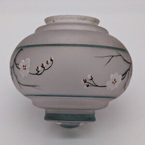 Vintage Glass Ceiling Lamp Shade Dome Frosted Hand Painted Cherry Blossoms Green